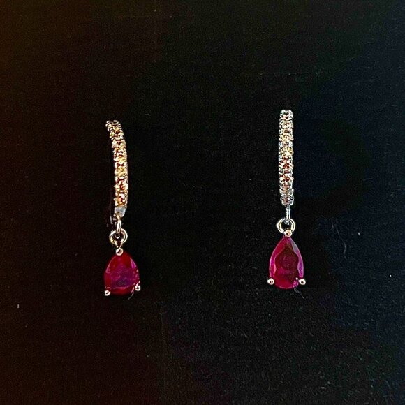 Jewelry - Lab Ruby Drop, Sterling Silver and CZ Huggie Hoops - stamped .925